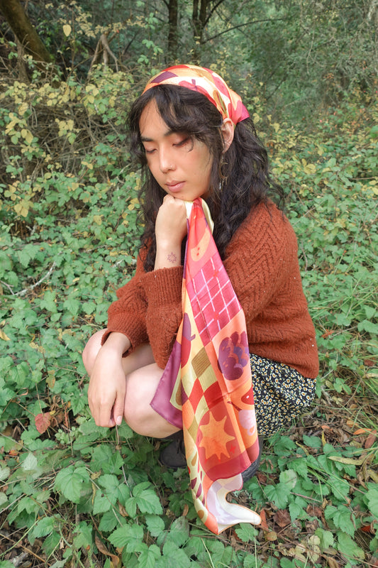 Fall Patchwork Silk Satin Scarf