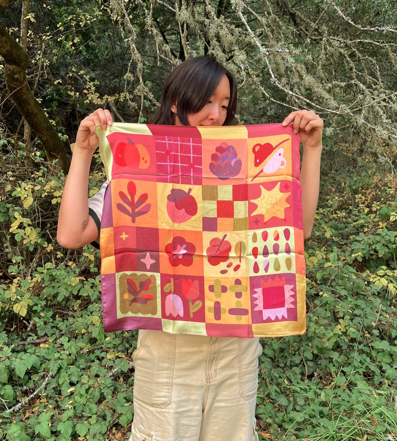 Fall Patchwork Silk Satin Scarf